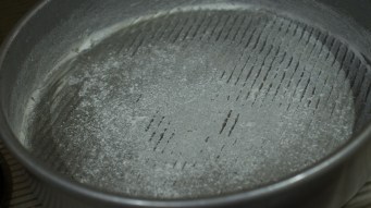 Berry Peach Cobbler Breakfast Cake pan prep 